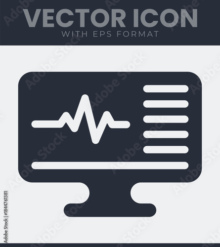 Computer monitor screen displaying a medical electrocardiogram waveform and multiple horizontal data lines, representing health monitoring or diagnostic equipment icon, vector illustration 