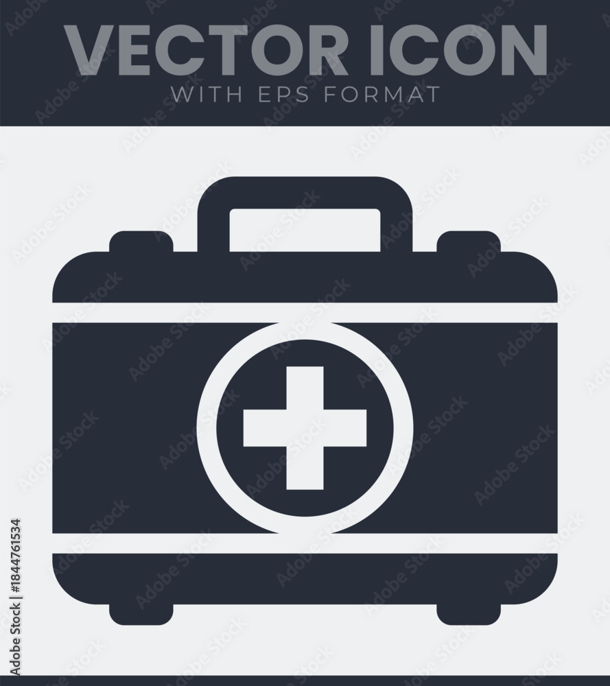 Obraz premium First aid kit container icon with a prominent cross indicating medical assistance and healthcare supplies, essential equipment for emergency situations and treatment, vector illustration