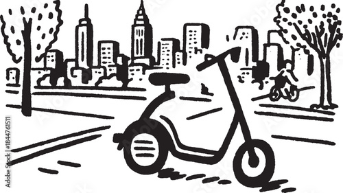 Scooter on a city sidewalk creates a simple urban view. A monochrome vector illustration featuring trees and buildings in a clean design set.