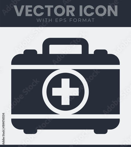 First aid kit container icon with a prominent cross indicating medical assistance and healthcare supplies, essential equipment for emergency situations and treatment, vector illustration