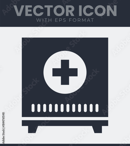 First aid kit featuring a prominent cross symbol on the front panel and a series of horizontal lines below, displaying a health care container for emergency use, vector illustration