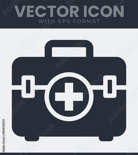 First aid kit container icon with a medical cross on its front panel, a simple graphic representation of emergency health care equipment for safety and medical assistance, vector illustration