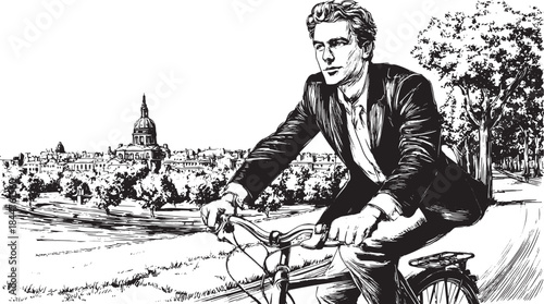 Man cycling through an urban landscape. Black and white line art vector illustration showcasing a city scene with trees and buildings.