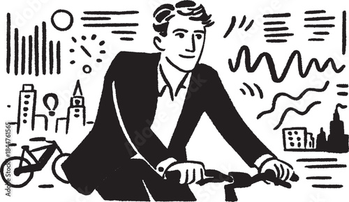Bicycle man in a suit against an urban backdrop. Black and white vector illustration with simple, flat design elements.