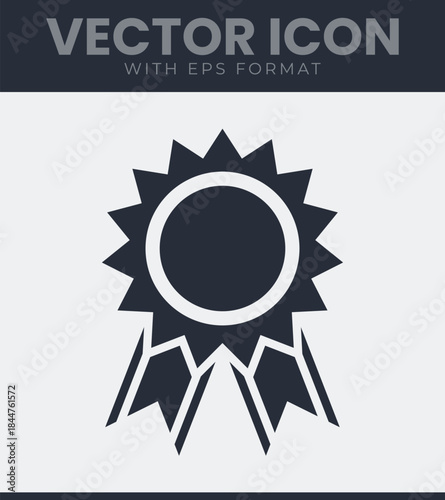 Graphic design element featuring a starburst shape surrounding a central circular area, with two ribbon elements extending downwards from the main award symbol, vector illustration
