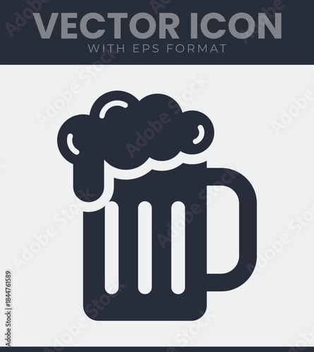 Graphic icon of a foamy beverage in a mug, representing a refreshing drink often enjoyed in social settings, pubs, bars and various festive celebrations, vector illustration