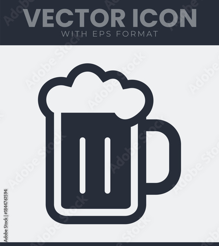 Simple graphic representation of a foamy beverage in a handled drinking vessel icon, commonly associated with celebrations and social gatherings and refreshment, vector illustration