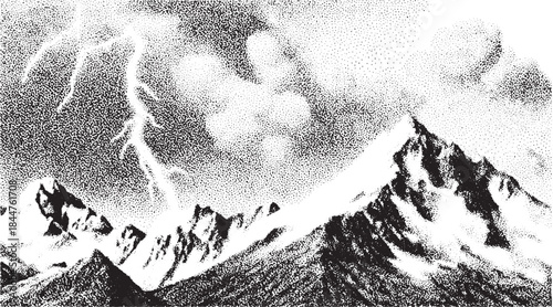 Mountain landscape with dramatic storm and lightning in the sky. Textured black and white vector illustration showcasing the beauty of nature.