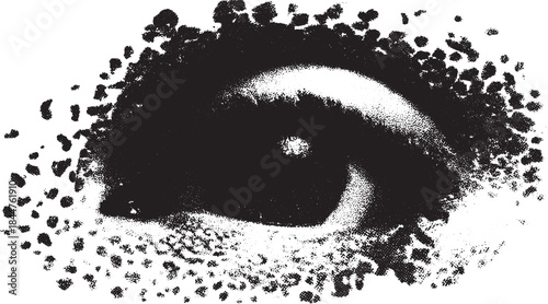 Black eye illustration with a textured dot pattern. Monochrome vector art, emphasizing detailed abstract visuals in a set design.