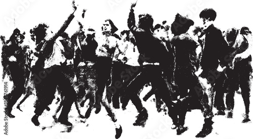 Dance gathering of a crowd in a vintage black and white vector illustration. A dynamic depiction showing expressions and movement in an outdoor setting.