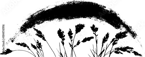Black and white stencil illustration of dried curved grasses for nature design