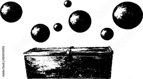 Surreal floating spheres and rustic chest black and white art design