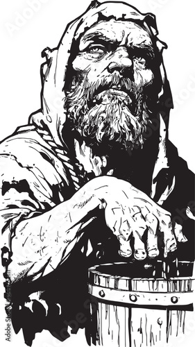 Hooded man with a beard in a vintage style. Detailed black and white vector illustration with dramatic shadows and a rustic barrel set in the background.