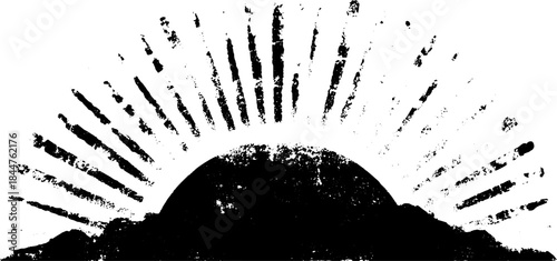 Black and white stencil art of heavy ink sunrise with radiant sunburst design