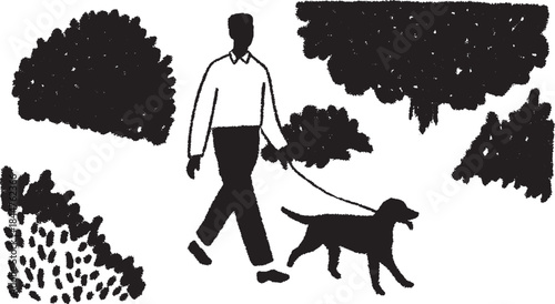 A man walking a dog on a leash, depicted in a black silhouette illustration. The outdoor scene features bushes, creating a tranquil environment. Vector illustration.