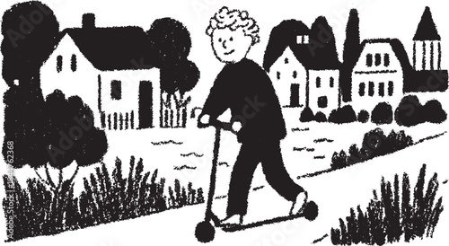 Boy riding a scooter in a simple black and white vector illustration. Outdoor scene features houses, trees, and grass.