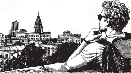 Silhouette of a man in sunglasses, overlooking a city landscape. Urban vector illustration showcasing buildings and architecture.