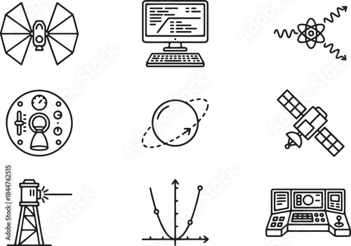 Collection of black outlined icons representing advanced scientific and technological concepts
