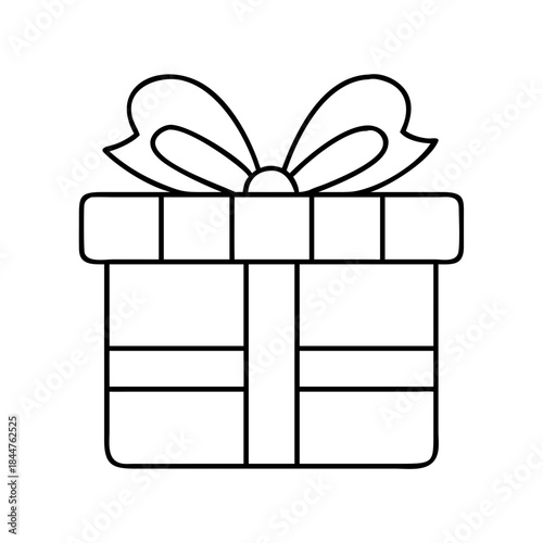 A simple outline drawing of a gift box tied with a decorative ribbon and bow.