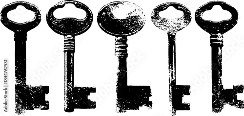 Black and white stencil illustration of vintage skeleton keys for artistic design