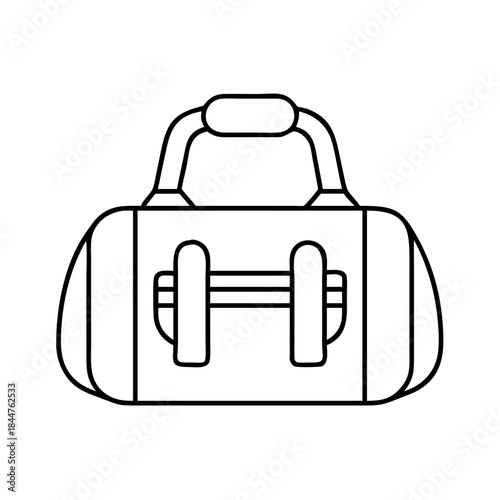 A simple black and white line art illustration of a gym duffel bag icon