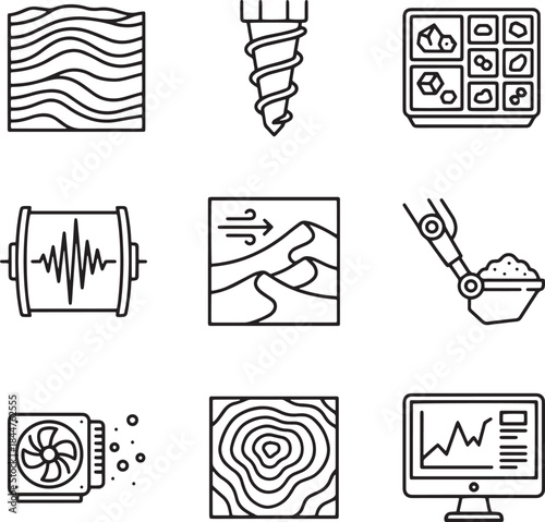 Geology engineering technology and mining line icons set with natural resources