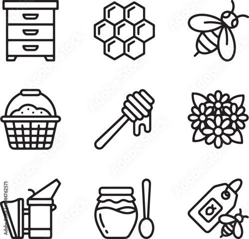 Honey and beekeeping outline icons set: beehive, honeycomb, bee, basket, honey dipper, flowers