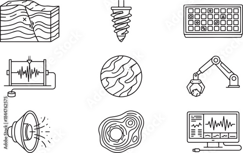 Geological engineering and earth science line icons set with data processing