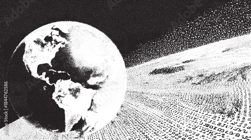 Digital earth in space with abstract lines and dots. A black and white vector illustration depicting technology and data visualization concepts.