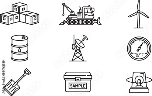 Industrial technology and energy resources linear vector icons set manufacturing materials production