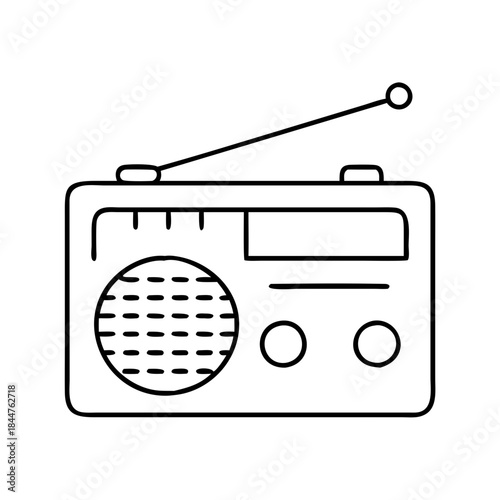 A simple black and white line art illustration of a retro portable radio with an antenna