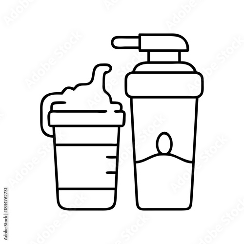 Outline illustration representing nutrition supplements and a shake in containers