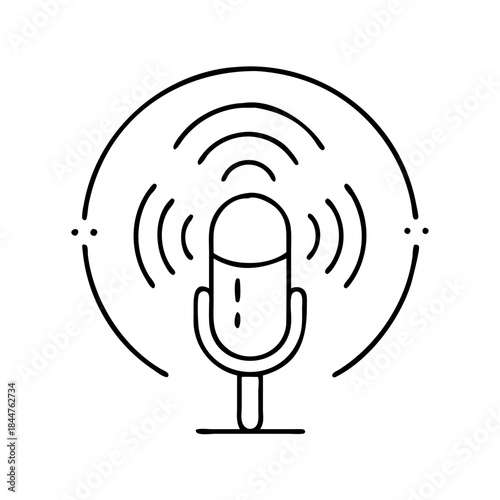 Black line art icon of a podcast microphone broadcasting sound waves within a circular frame