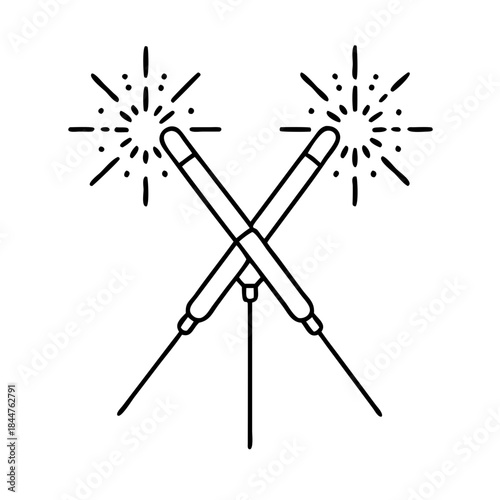 Black and white line art illustration of two crossed sparklers glowing brightly