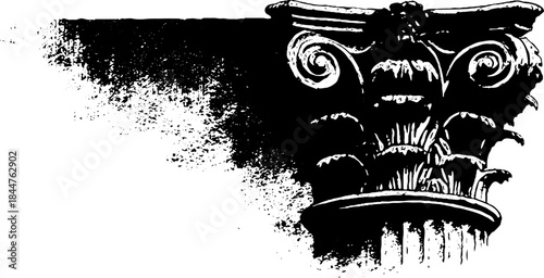 Black and white stencil illustration of ornamental carved architectural tab design for decorative projects