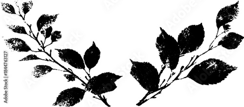 Black and white stencil illustration of ribbon-wrapped branch for design and decor