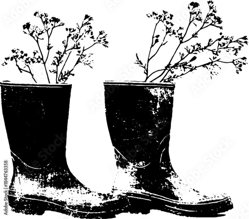 Black and white stencil illustration of seasonal rain boots with wildflowers for artistic design