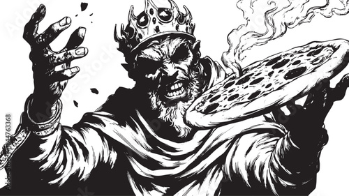 Angry king character holding a pizza in black and white vector illustration. This bold graphic features expressive details in a stylized format.