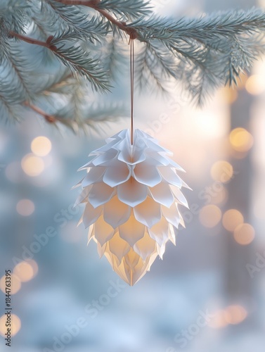 Christmas decoration on a tree. Hyper realistic paper origami pine cone lantern ornament photography