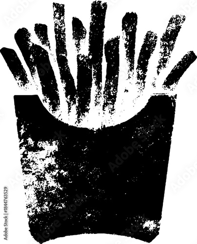Black and white grunge stencil illustration of fries in a box for urban art design