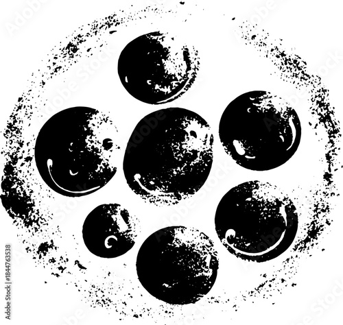 Black and white stencil illustration of liquid bead cluster with grunge effect for designer projects