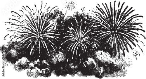 Vintage fireworks exploding in the sky. Detailed vector illustration with bursts and cloud patterns, set for various celebratory contexts.
