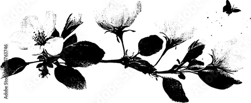 Black and white stencil illustration of spring season breeze with blossoms and butterfly