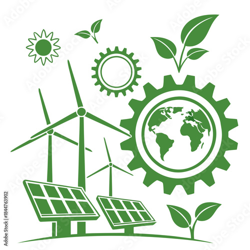 Green energy and earth conservation concept with renewable sources isolated on white background