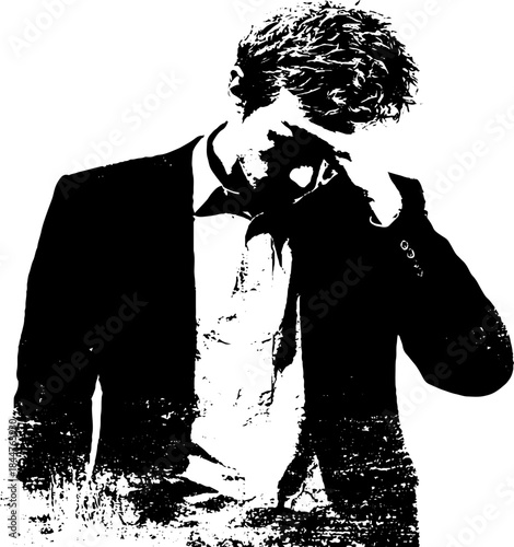 Contemplative silhouette: black and white stencil illustration for artistic projects