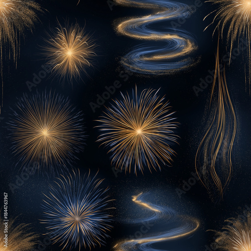 Golden fireworks bursts on dark night sky. Elegant festive background for celebration designs, posters, banners and holiday concepts.