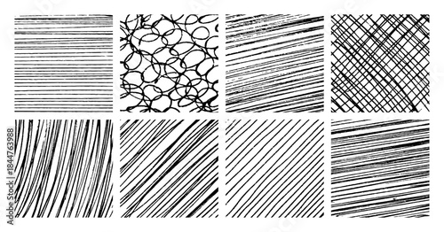 Set of monochrome hand-drawn crosshatch textures