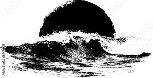 Monochrome stencil illustration of ocean waves with circular sun element