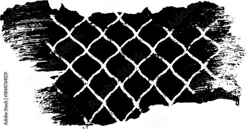 Black and white stencil art of torn net sleeve with grunge brush strokes