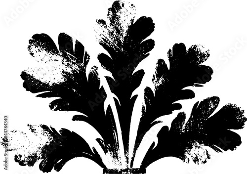Black and white stencil illustration of weathered faux ceramic leaves for design